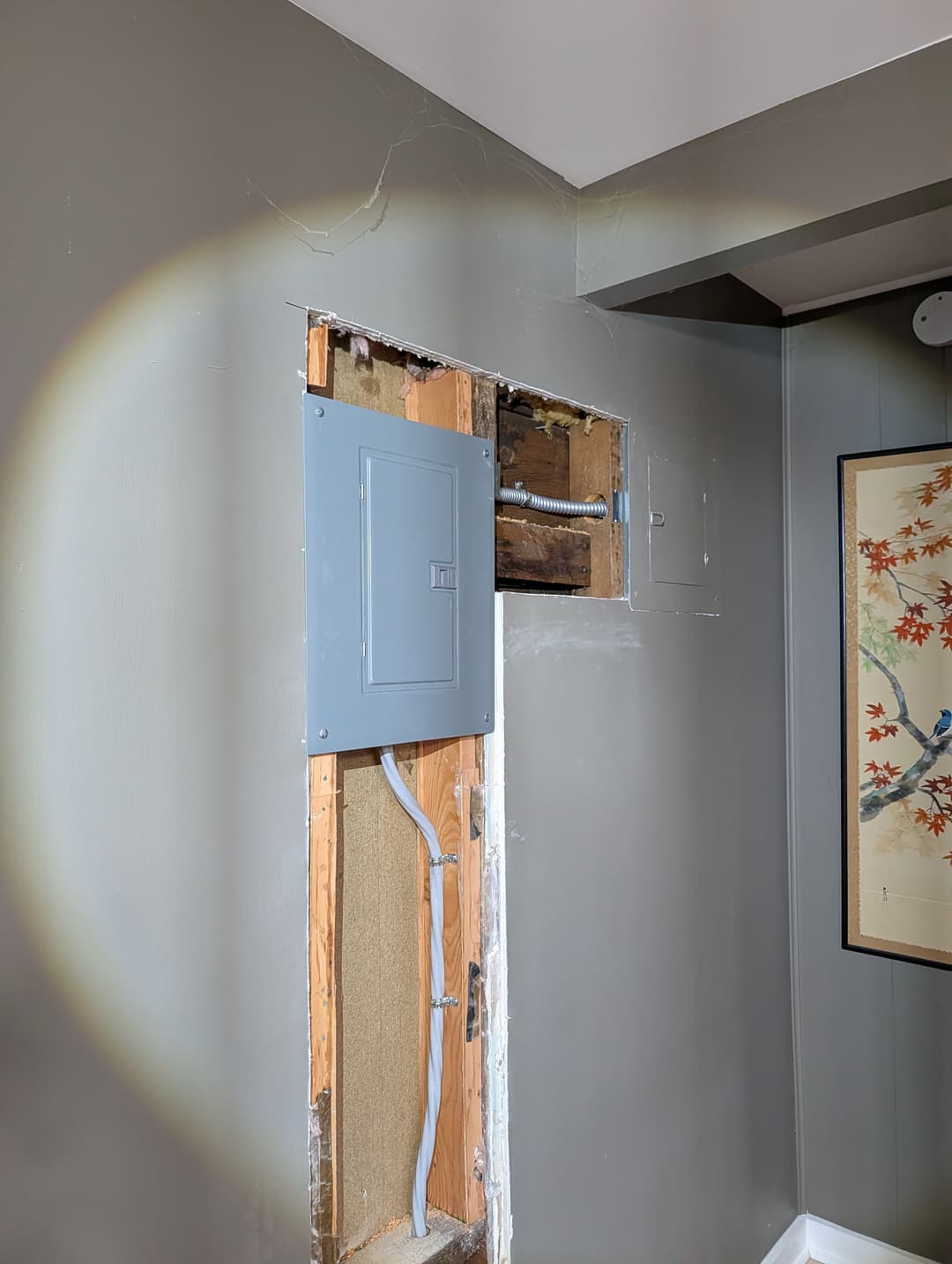 Interior wall open for electrical panel replacement with exposed wiring and conduit.