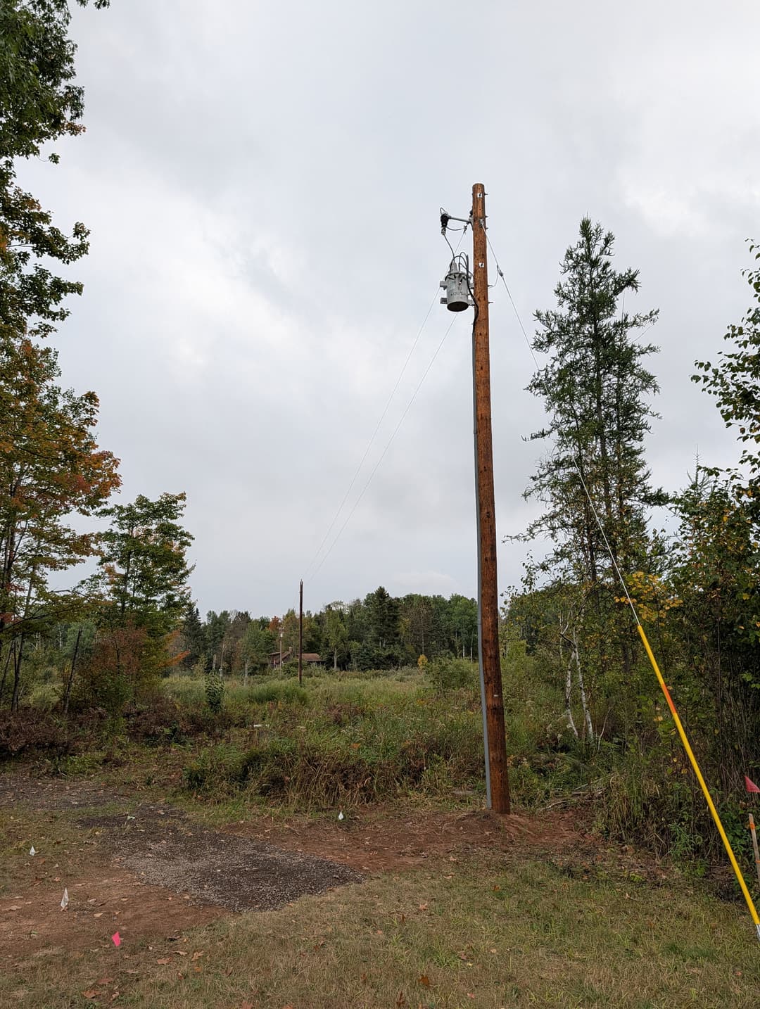 Utility pole with overhead power lines and transformer in a wooded rural area.